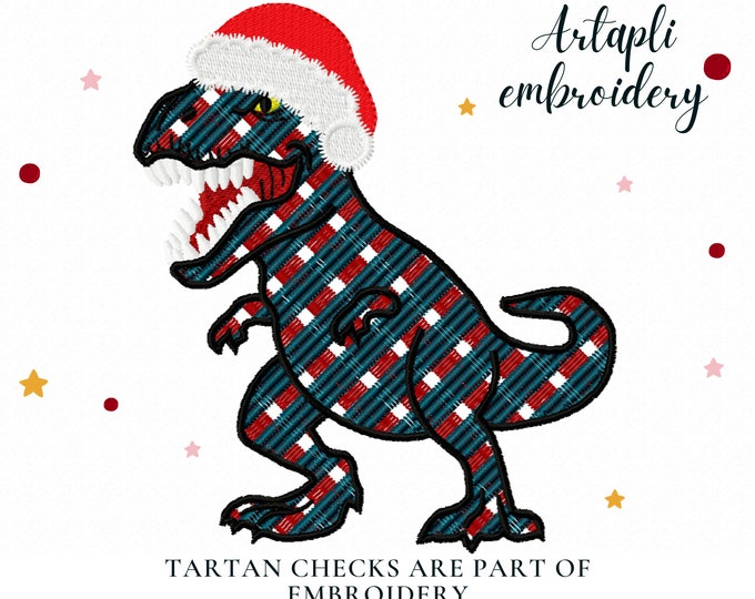 Merry Christmas gingham tartan checkered T-rex dinosaur with Santa hat kids boy machine embroidery designs in sizes 4, 5, 6, 7, 8, 9 inches