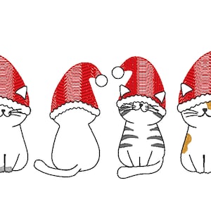 May include: Four white cats wearing red Santa hats with white trim. The cats are sitting and looking at the viewer. The cat on the left has a white tail, the cat in the middle has a striped tail, and the cat on the right has an orange tail.