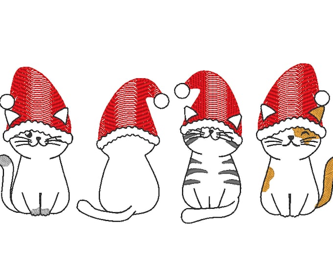 Christmas Cat Santa hat, four cats in a row sketch light stitch silhouette outline machine embroidery designs cute kitty cat gnome
