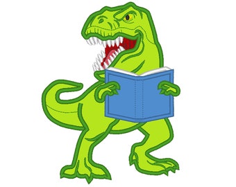 Dinosaur reading book machine embroidery applique designs in assorted sizes for hoop 4x4, 5x7, 6x10 kids boy love reading books dino T-rex