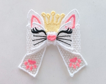 Little kitty crown Double layer lace bow Little Princess - FSL, Free standing lace, curl Bow - machine embroidery design 5x7