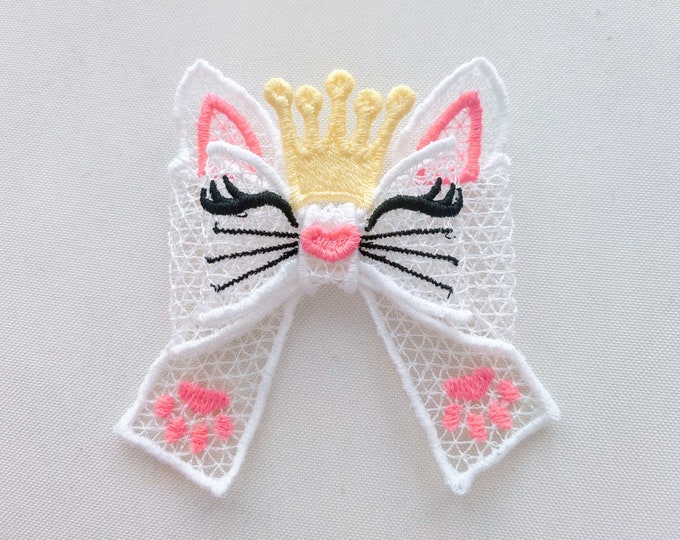 Little kitty crown Double layer lace bow Little Princess - FSL, Free standing lace, curl Bow - machine embroidery design 5x7