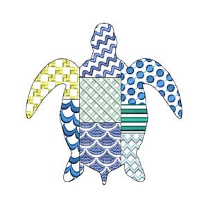 Peut inclure: Une silhouette de tortue marine avec un motif patchwork. La tortue est remplie de différents motifs bleus, verts et jaunes. Les motifs comprennent des zigzags, des pois et des formes géométriques, créant une image vibrante.