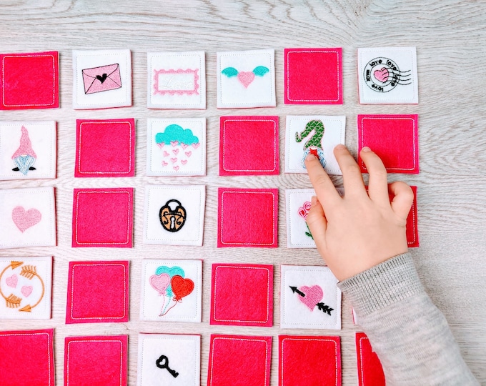 Memory game Valentine Gnomes machine embroidery designs in the hoop ITH project download sizes for hoop 4x4  5x7  6x10 kids matching game