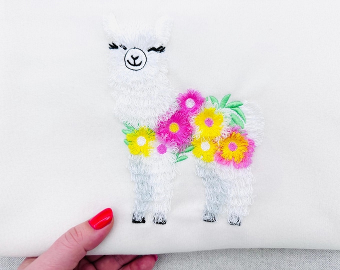 Fringed Floral Pretty Llama Alpaca fluffy fringe farm animal summer kids girls machine embroidery designs fuzzy chenille sizes 6 and 7 inch