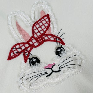 Bunny face bandanna Fringed Fluffy cute checkered bandana bow Easter Bunny machine embroidery designs fringe in the hoop ITH size 6, 7, 8in