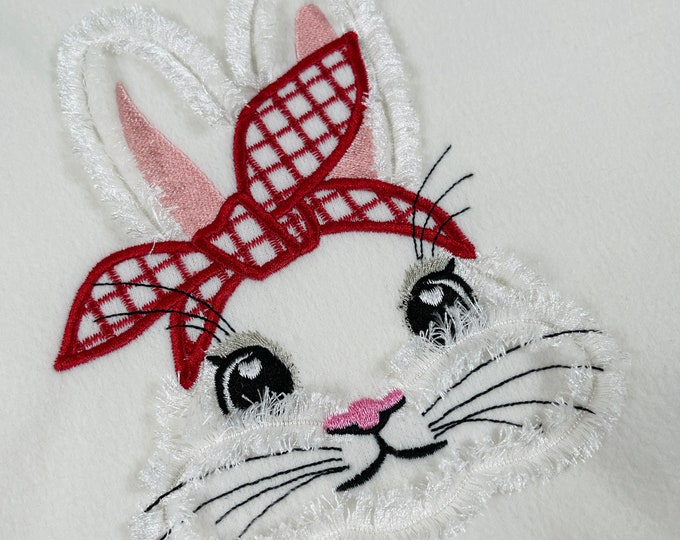 Bunny face bandanna Fringed Fluffy cute checkered bandana bow Easter Bunny machine embroidery designs fringe in the hoop ITH size 6, 7, 8in