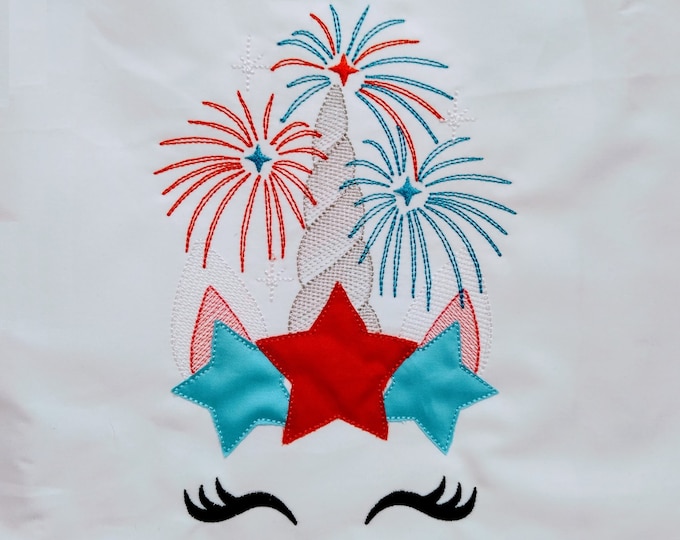 Sketch stitch Unicorn head with star, star crown firework firecracker machine embroidery applique designs Patriotic 4th July unicorn face