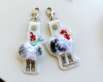 Cowboy boots Fringed Chicken Eyelet and key fob snap tab Rooster Rodeo keychain in the hoop machine embroidery designs ITH Farm fluffy fuzzy