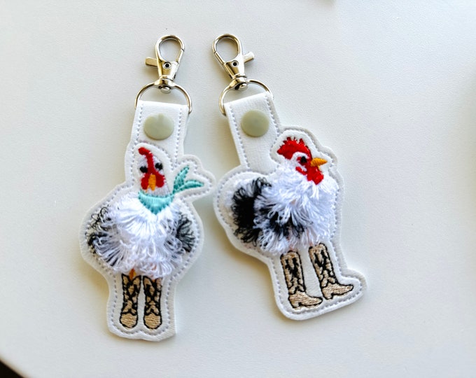Cowboy boots Fringed Chicken Eyelet and key fob snap tab Rooster Rodeo keychain in the hoop machine embroidery designs ITH Farm fluffy fuzzy