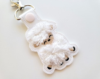 Fringed sheep key fob snap tab in the hoop machine embroidery designs ITH project keychain Awesome fluffy fur little sheep kids backpack tag