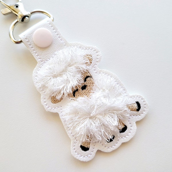 Fringed sheep key fob snap tab in the hoop machine embroidery designs ITH project keychain Awesome fluffy fur little sheep kids backpack tag