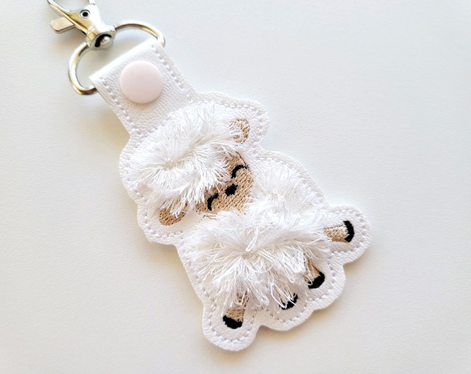 Fringed sheep key fob snap tab in the hoop machine embroidery designs ITH project keychain Awesome fluffy fur little sheep kids backpack tag