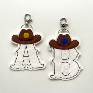 Key fob snap tab Cowboy Monogram alphabet initial letters A-Z in the hoop ITH kids boy keyfob keychain bag tag machine embroidery designs