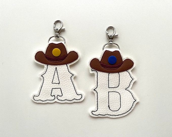 Key fob snap tab Cowboy Monogram alphabet initial letters A-Z in the hoop ITH kids boy keyfob keychain bag tag machine embroidery designs