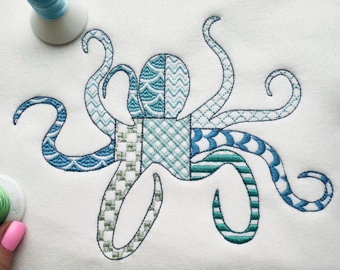 Patchwork Octopus patterned sea ocean fish animal Tentacles outline machine embroidery designs sizes 4 up to 8 inch beach boy tshirt design