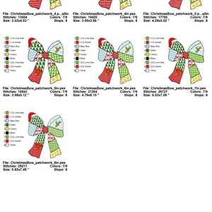 K&ouml;nnte beinhalten: Eine Reihe farbenfroher Weihnachts-Bogendesigns, jedes mit einem Patchwork-Muster mit roten, gr&uuml;nen und blauen Akzenten. Die Schleifen haben ein Santa-Hut-Detail und sind mit Dateinamen und Abmessungen in cm beschriftet.