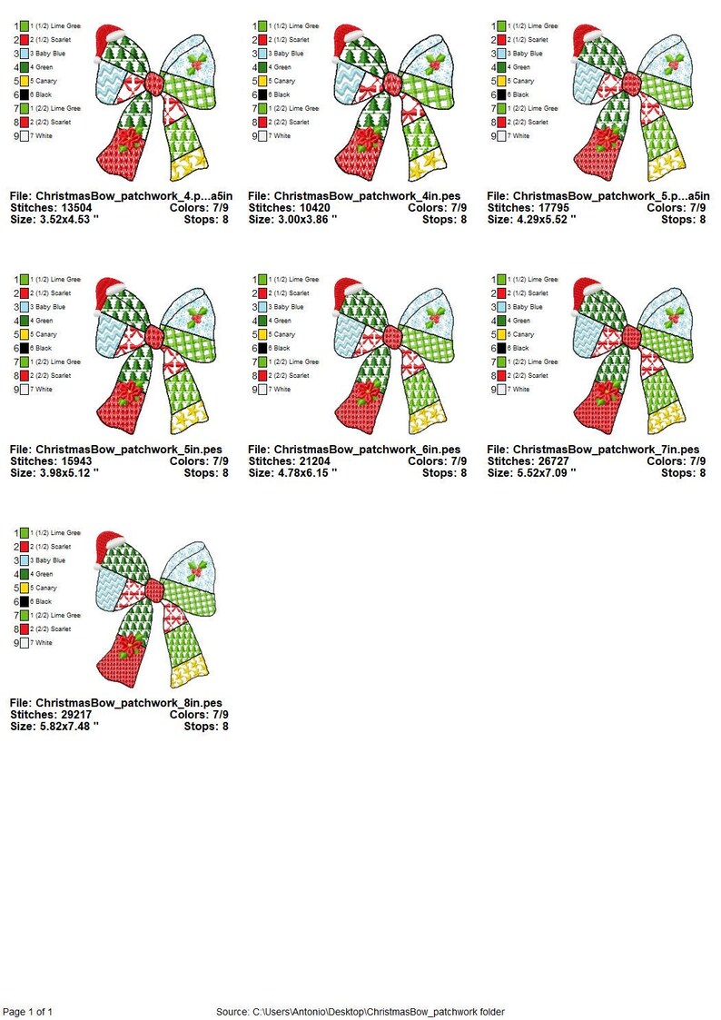 K&ouml;nnte beinhalten: Eine Reihe farbenfroher Weihnachts-Bogendesigns, jedes mit einem Patchwork-Muster mit roten, gr&uuml;nen und blauen Akzenten. Die Schleifen haben ein Santa-Hut-Detail und sind mit Dateinamen und Abmessungen in cm beschriftet.