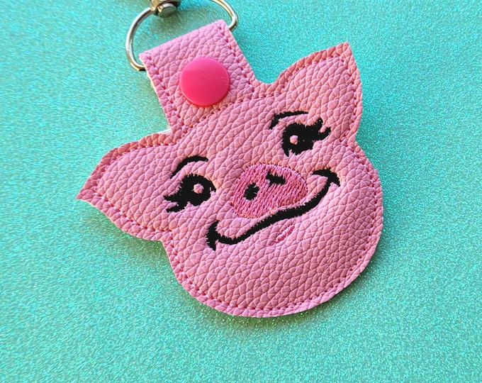 Pig  Piggy head ITH key fob machine embroidery design, snap tab keyfob feltie in the hoop embroidery 4x4