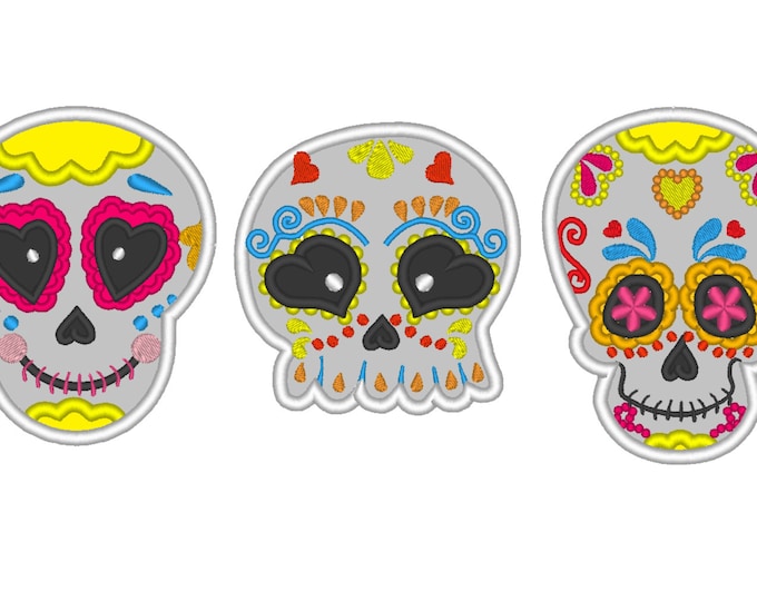 Day of the Dead multicolored Skulls SET, Calavera Sugar Skull machine embroidery applique designs Mexican Mexico decorative skelita