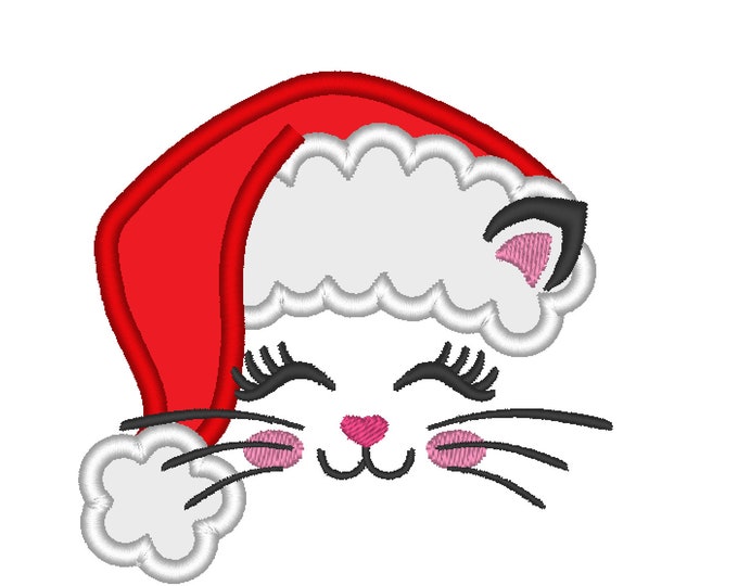 Little Christmas kitty, cat, Santa hat cat Christmas applique machine embroidery designs Cat applique embroidery face