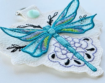 Dragonfly 3D dimensional keychain in the hoop ITH project FSL dragonfly wings key fob snap tab machine embroidery designs simply gift tag