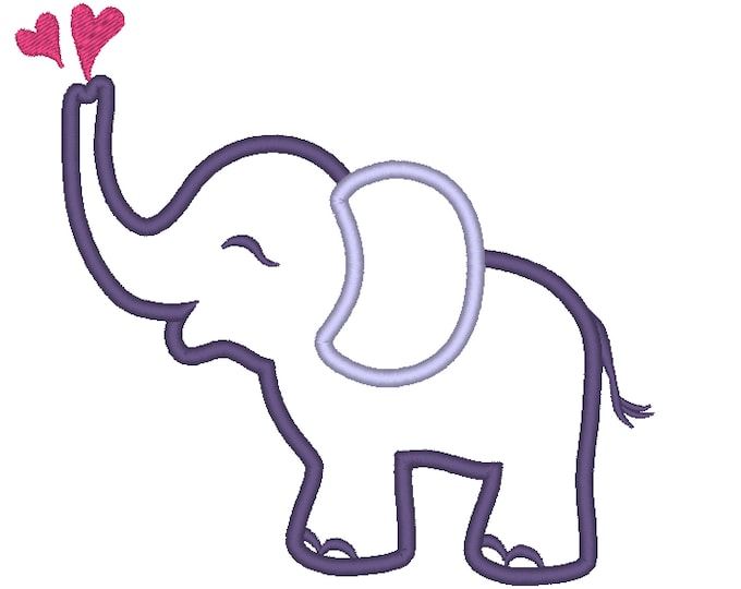 Little Elephant with  hearts machine embroidery applique designs, assorted sizes 4x4, 5x7 and 6x10