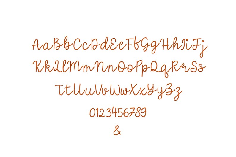 May include: A complete alphabet and numbers 0-9, plus the ampersand symbol, are displayed in a handwritten, cursive font. The letters and numbers are in a warm brown color against a white background.