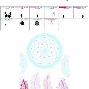 May include: A digital embroidery design of a dreamcatcher with feathers. The dreamcatcher is blue and white with pink accents. The feathers are pink, purple, and red.