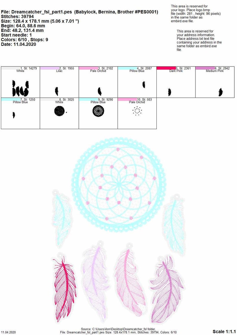 May include: A digital embroidery design of a dreamcatcher with feathers. The dreamcatcher is blue and white with pink accents. The feathers are pink, purple, and red.