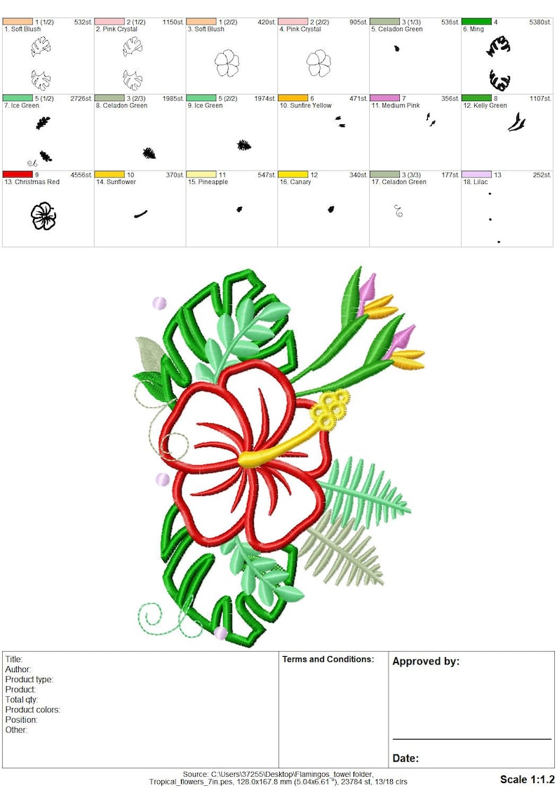 May include: A red hibiscus flower with yellow center surrounded by green leaves. The design is for embroidery and includes 23784 stitches and 13 color changes.