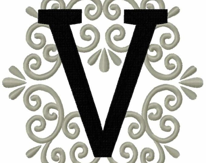 Regal royal classic Letter V garden flag monogram lace swirl  block font machine embroidery design monogram 4, 5, 6 and 8 in