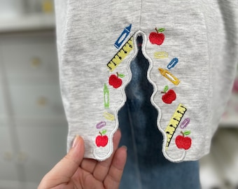 Back to School Teacher Tools split side seam cutout side bow machine embroidery designs kids sweatshirt t-shirt outfit Ruler Apple Crayon