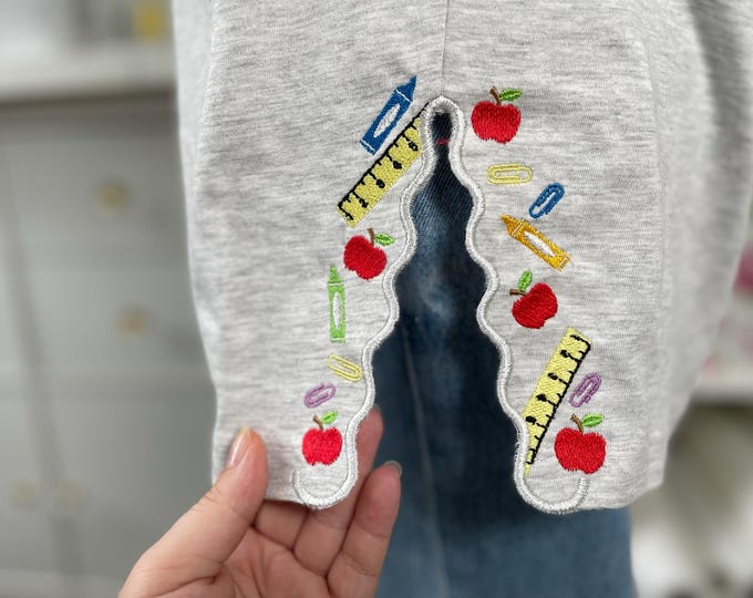 Back to School Teacher Tools split side seam cutout side bow machine embroidery designs kids sweatshirt t-shirt outfit Ruler Apple Crayon