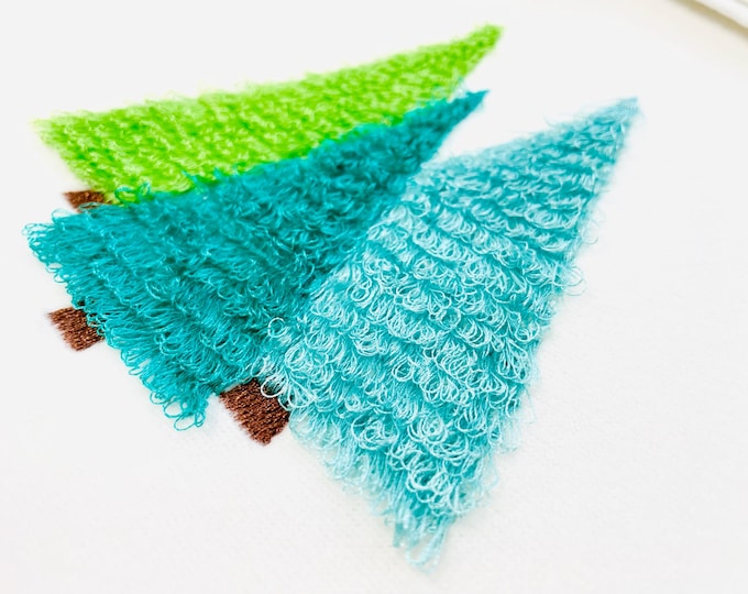 Fringed fluffy Pine Tree Woodland Christmas Tree three in a row forest fringe fur chenille machine embroidery designs sizes 5, 5.5, and 6 in