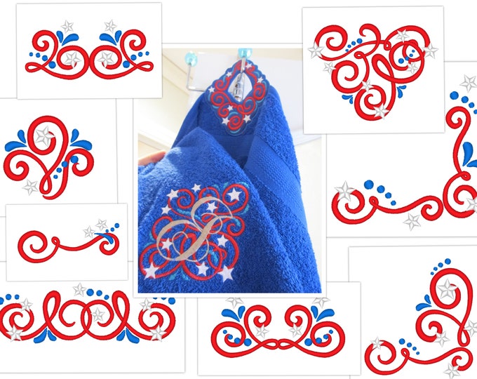 Towel topper Stripes and stars patriotic 4th of July  in the hoop project, monogram set , borders and corners machine embroidery 4x4  5x7