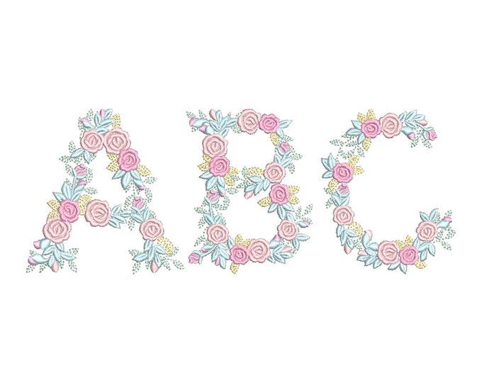 Delicate Roses Floral whole entire alphabet A-Z garden flag monogram fashioned flower letters Font machine embroidery designs 3, 4, 6, 7, 8"