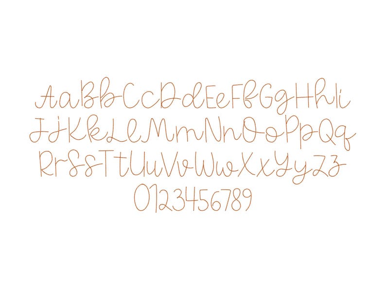 May include: A handwritten alphabet in brown with uppercase and lowercase letters and numbers 0-9.