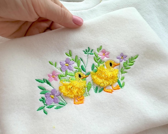 Cute little Ducks summer floral garden fringed fluffy chenille Duck farm bird kids and fringe Flower machine embroidery designs fringe fur
