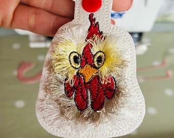 Fringed Chicken key fob snap keychain in the hoop machine embroidery designs ITH project Farm bird fluffy fuzzy chicken awesome gift idea