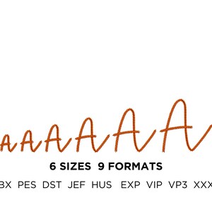 May include: A white background with the word "AAAAA" in a handwritten style, in a gradient orange color. Below the word are the words "6 SIZES 9 FORMATS". Below that are the letters "BX PES DST JEF HUS EXP VIP VP3 XXX".
