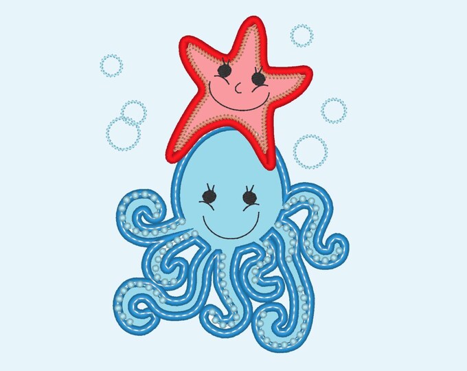 Octopus and Starfish Friends seaside animal kids baby Applique machine embroidery designs sizes for hoop 4x4 and 5x7