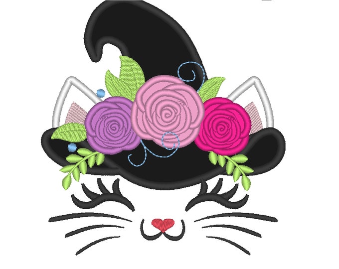 Cat black kitty Halloween witch hat witchy spooky Pretty eyes cat  head with shabby chick roses crown applique machine embroidery designs