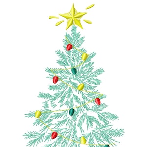 May include: An embroidered design of a green Christmas tree with a yellow star on top and a string of red, yellow, and green lights. The tree is outlined in black.