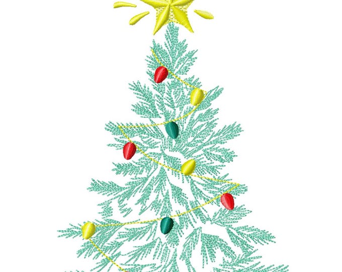 Multicolored lights Vintage old fashioned Christmas tree with garland and star Woodland Tree light stitch machine embroidery designs