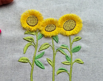 Three Sunflowers Fringed Flower Stems Fluffy Fringe Sunflower many Sizes  Embroidery File machine embroidery designs download Sunflower fuzzy