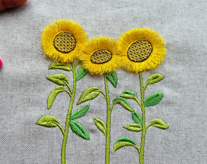 Three Sunflowers Fringed Flower Stems Fluffy Fringe Sunflower many Sizes Embroidery File machine embroidery designs download Sunflower fuzzy