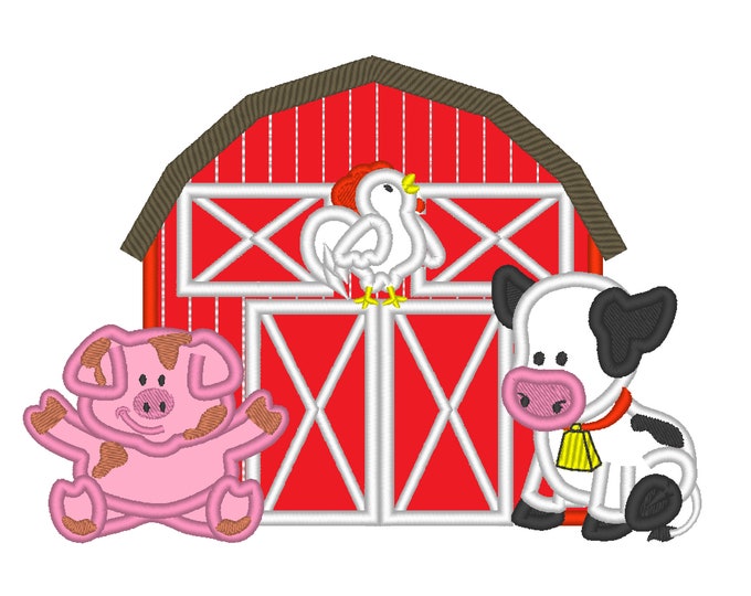 Farm Barn with animals Barn Cow Pig Rooster cute farm Applique machine embroidery designs kids cute animals for hoop 5x7, 6x10, 8x8, 8x12