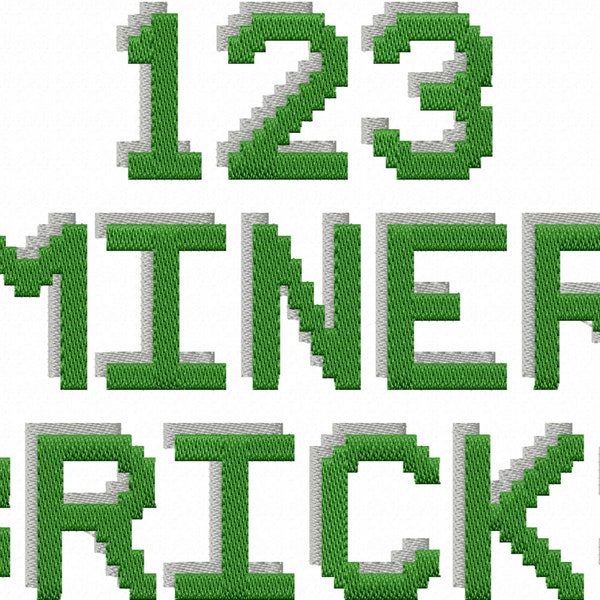 Miner Bricks Pixel Shadow Font Füllstich-Maschinenstickdesign, Monogramm, Pixel-Schriftart-Alphabet, Ziegelbuchstaben in verschiedenen Größen, BX inkl