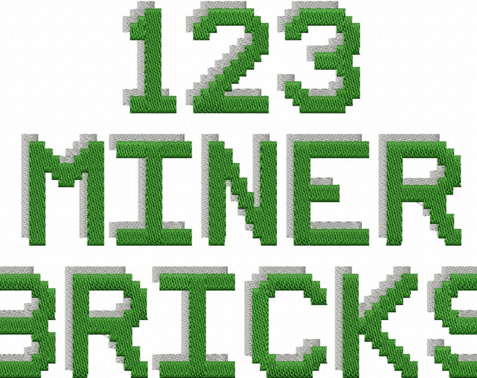 Miner Bricks pixel Shadow Font fill stitch machine embroidery design, monogram, pixel font alphabet, brick letters assorted sizes, BX incl